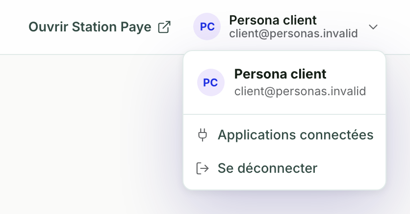 Menu du compte ouvert en haut à droite de la documentation : nom et e-mail, Applications connectées, Se déconnecter.