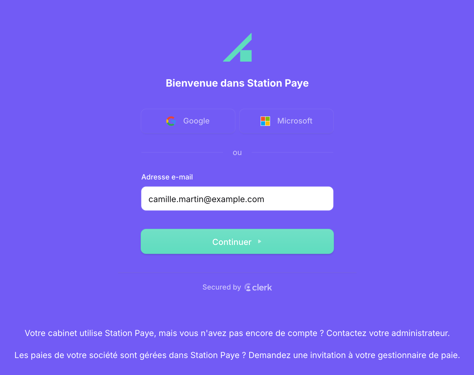 Page de connexion : titre Bienvenue dans Station Paye, boutons Google et Microsoft, adresse e-mail fictive saisie, bouton Continuer et les deux phrases sous le formulaire.